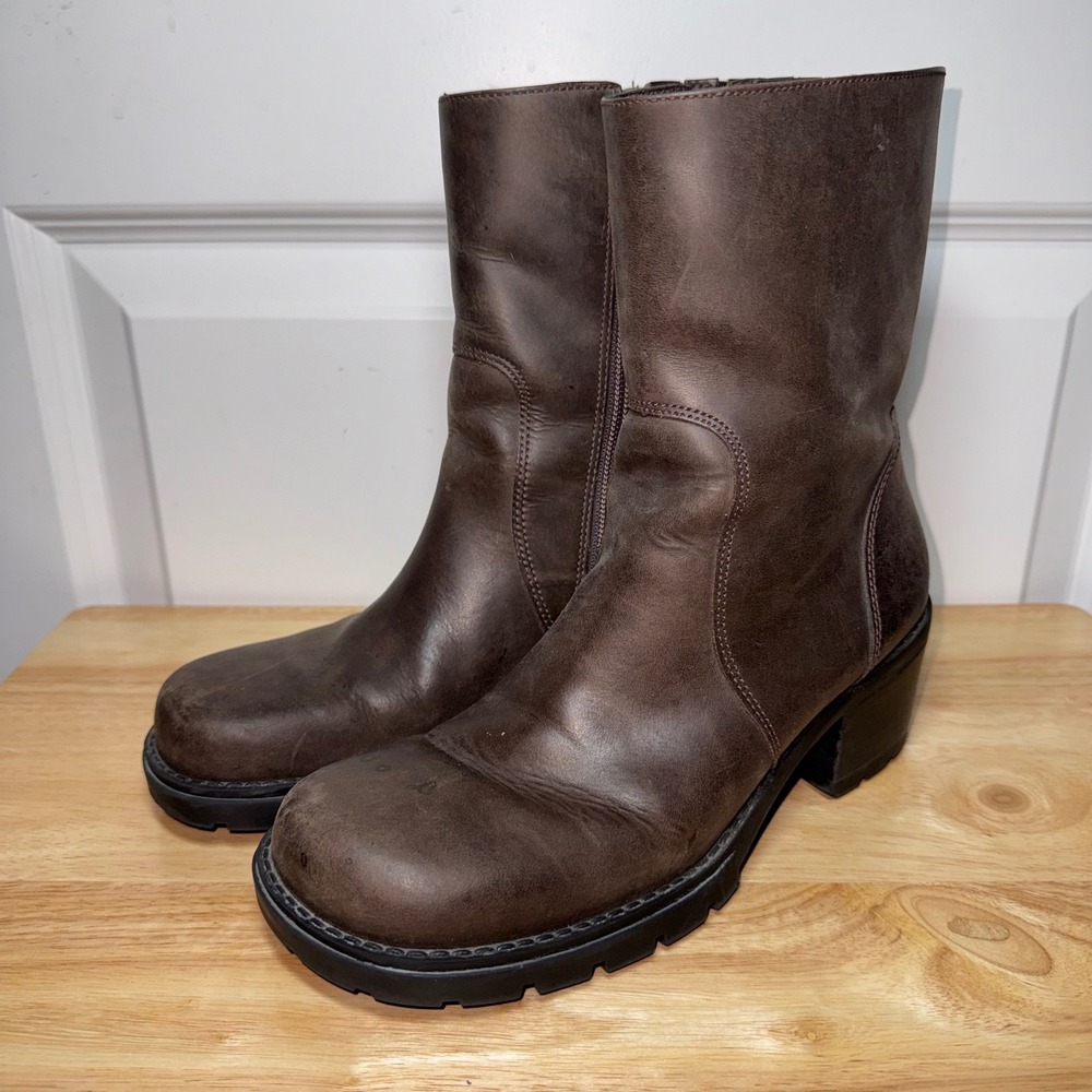 Tommy Hilfiger Vintage 90s Brown Leather Lug Sole Block Heel Boots W32401 6M